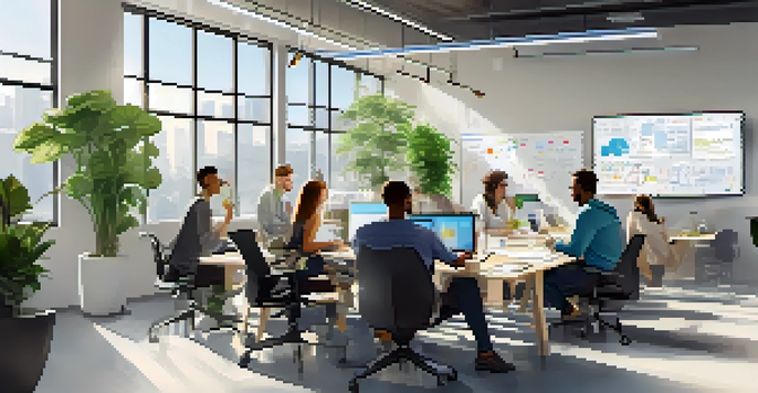 A diverse team of software developers in a bright office meeting, discussing diagrams on whiteboards with plants around.