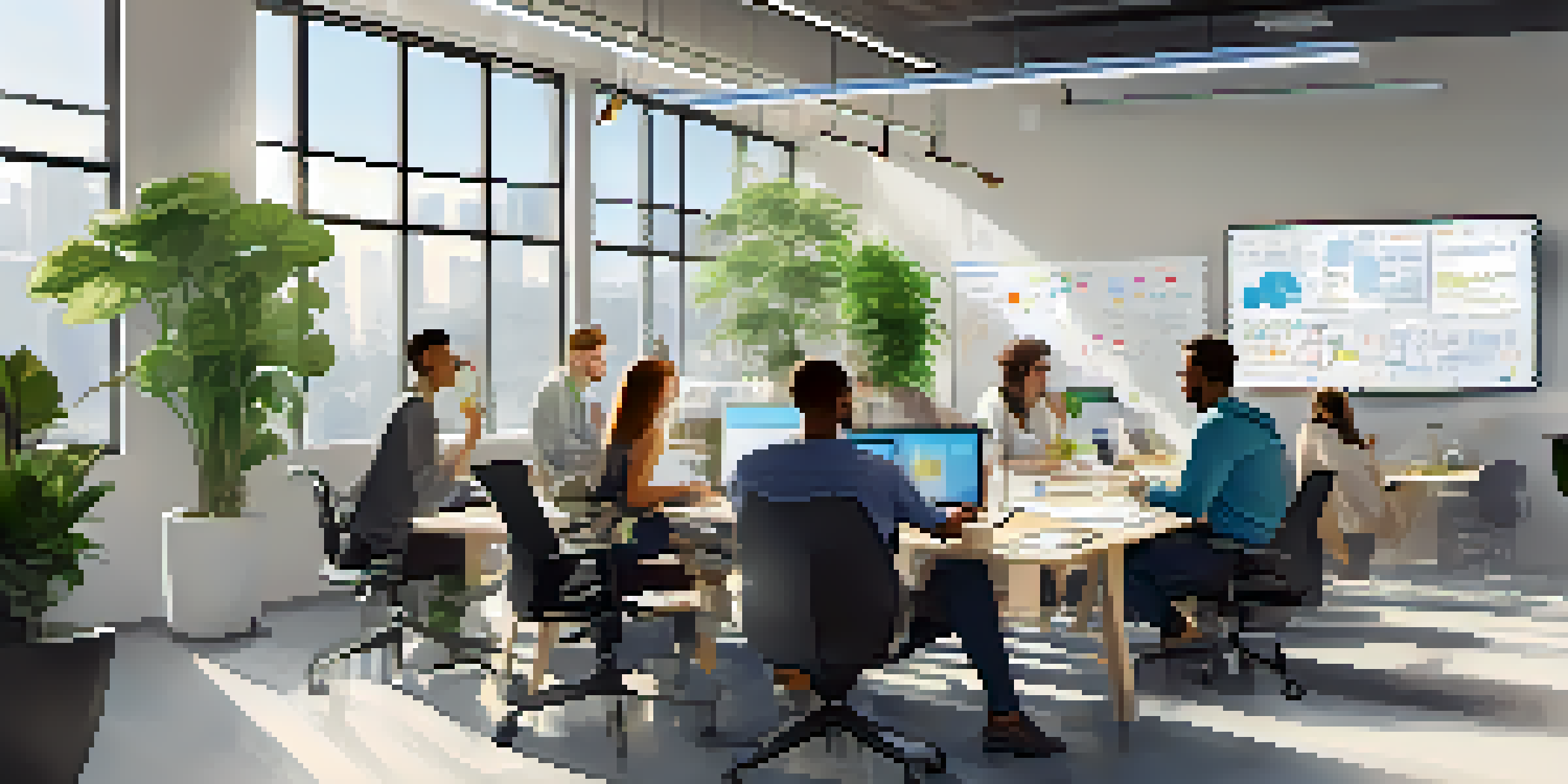 A diverse team of software developers in a bright office meeting, discussing diagrams on whiteboards with plants around.