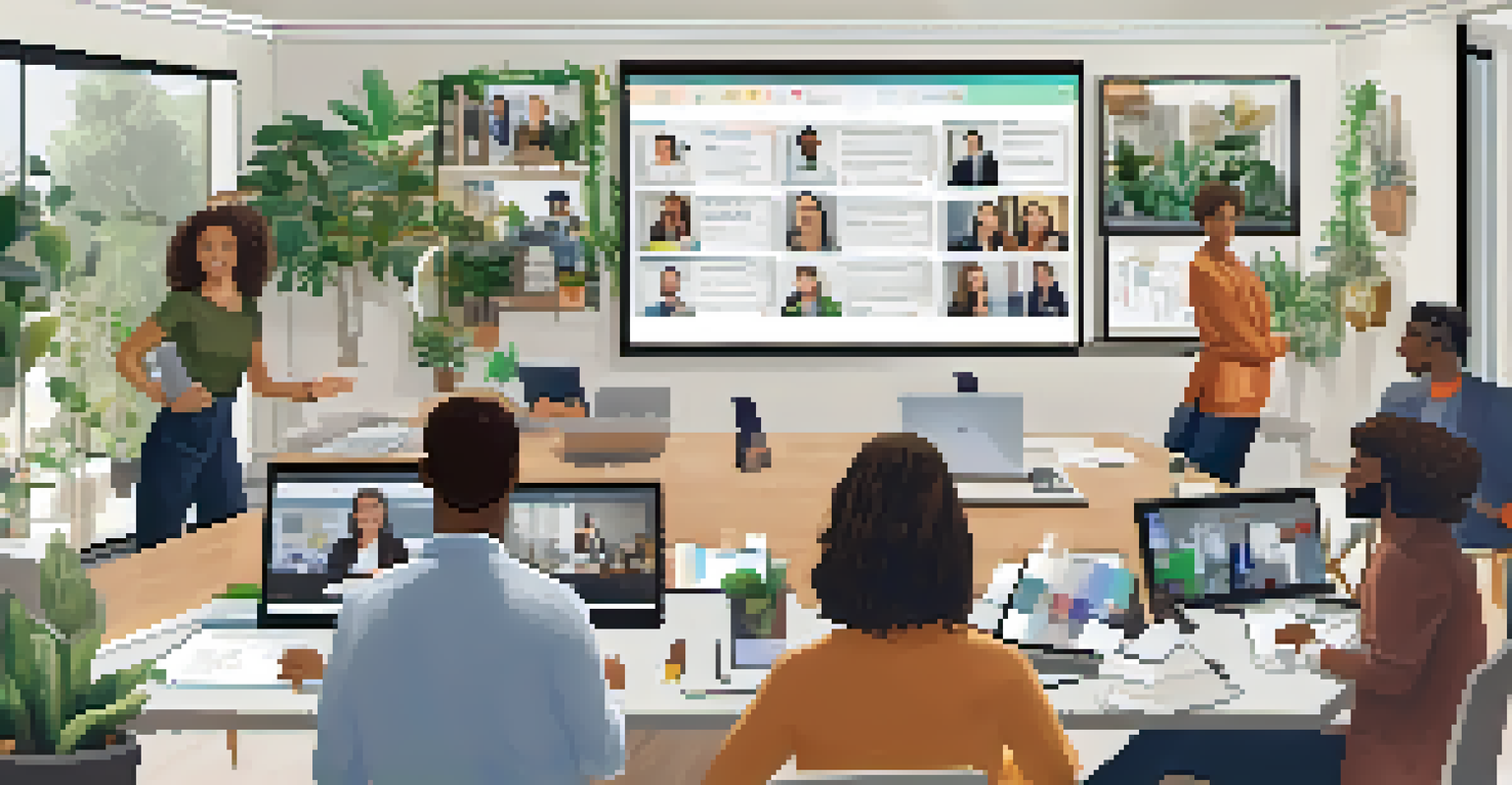A remote team collaborating through video conferencing on change management with a virtual whiteboard.