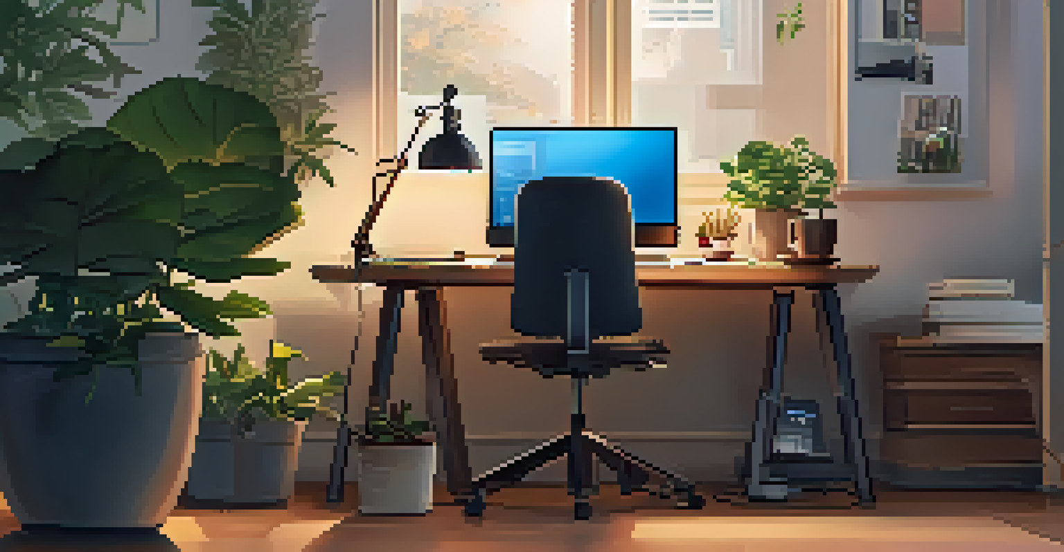 A busy professional in an organized office, interacting with a voice assistant on a smart speaker while working on a laptop.