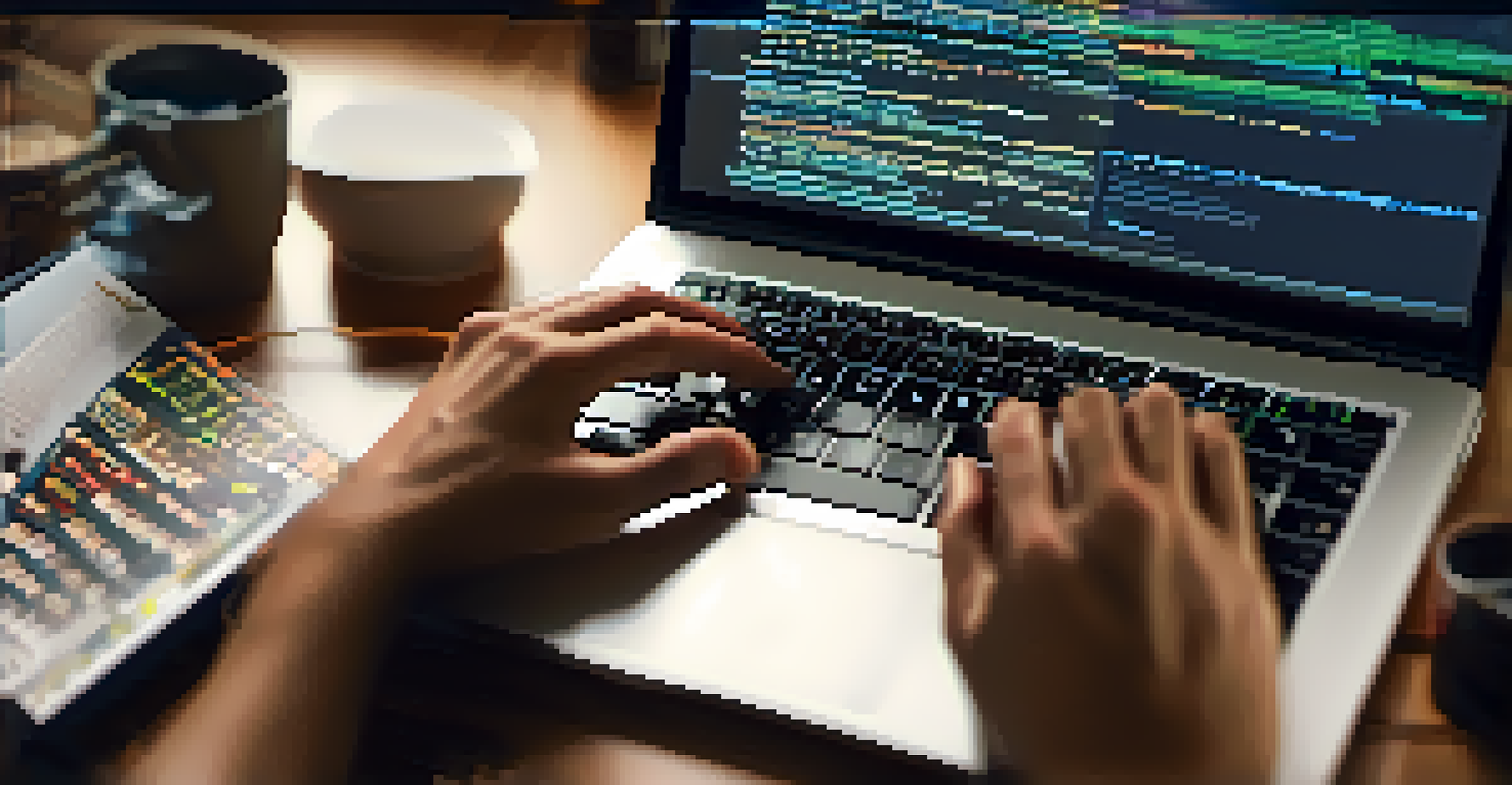 Close-up of a developer's hands typing on a keyboard with code on the screen, in a cozy workspace background.
