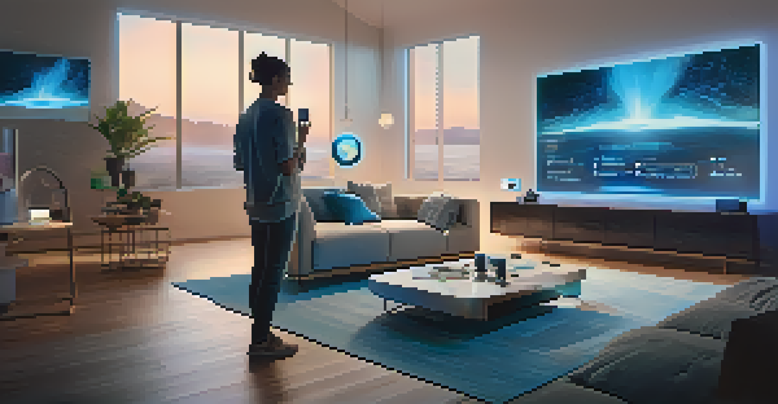 A person interacting with a voice assistant in a futuristic living room filled with smart home devices.