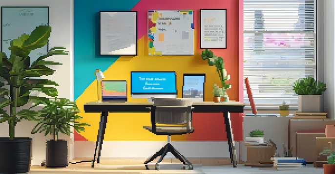 A bright and modern workspace with a laptop, colorful stationery, a potted plant, and user personas on a whiteboard.