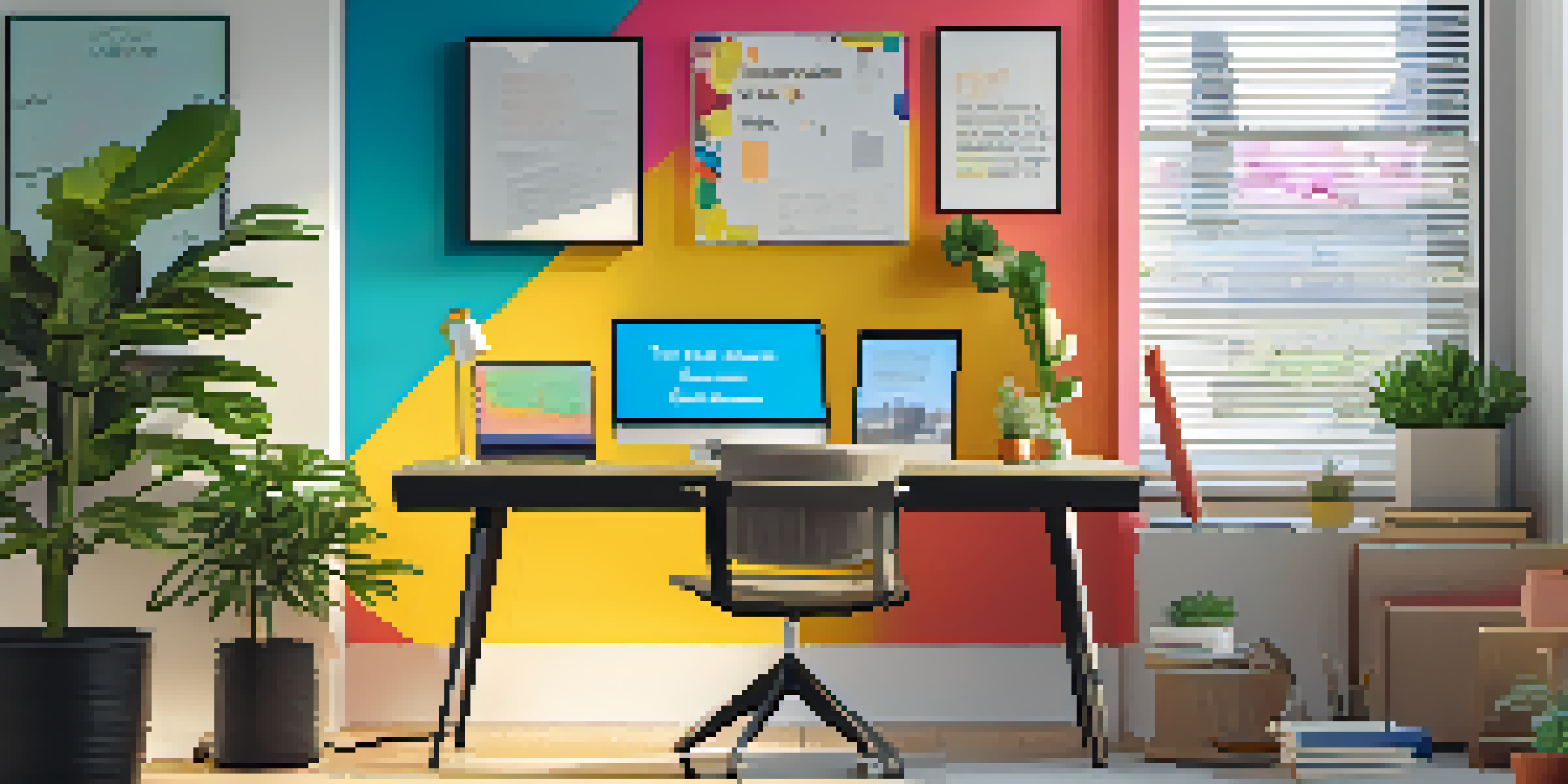 A bright and modern workspace with a laptop, colorful stationery, a potted plant, and user personas on a whiteboard.