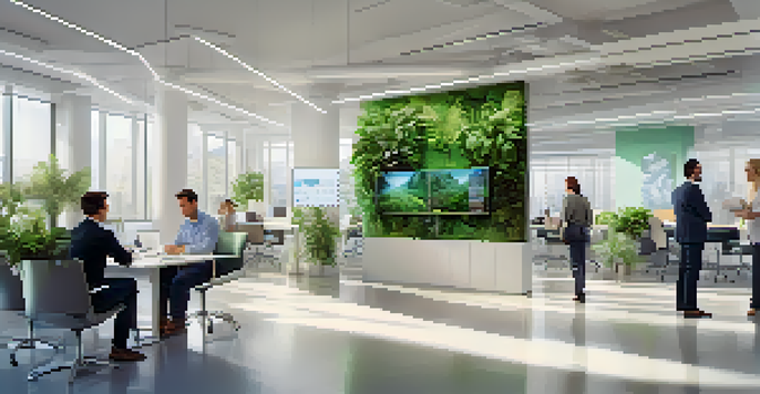 A bright modern office with diverse people in a meeting, large windows, and greenery.