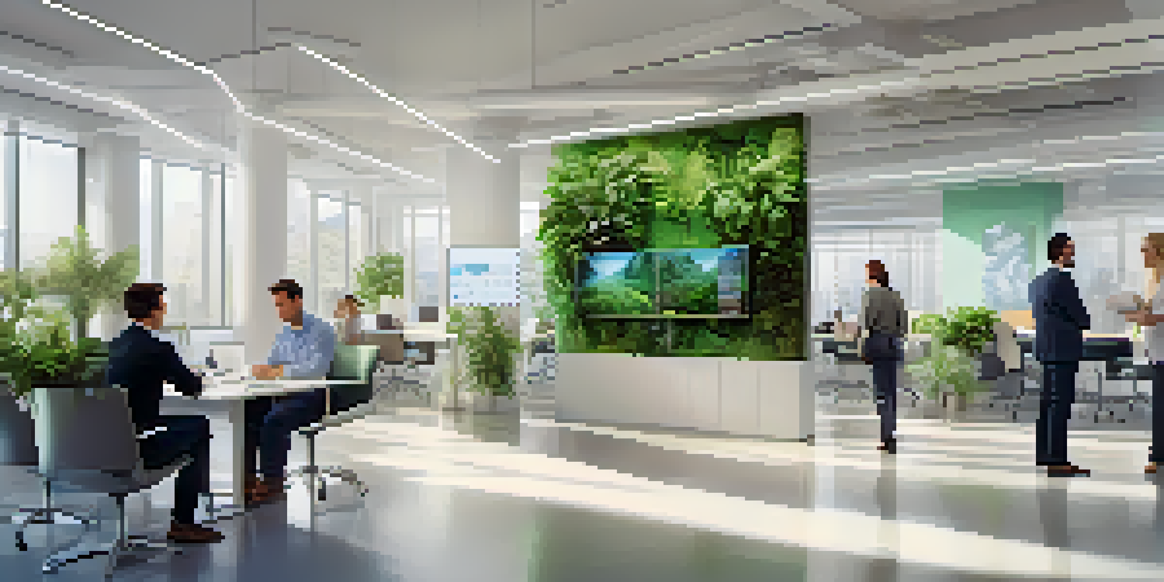 A bright modern office with diverse people in a meeting, large windows, and greenery.