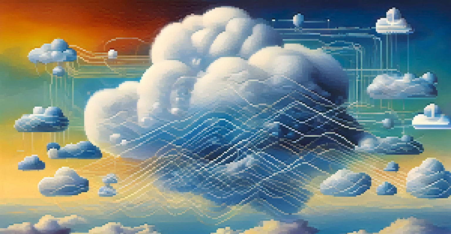 An abstract digital illustration of cloud computing with interconnected clouds and data streams.
