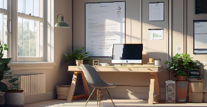 A modern office with a desk, computer showing a data privacy policy, and a potted plant, illuminated by natural light.