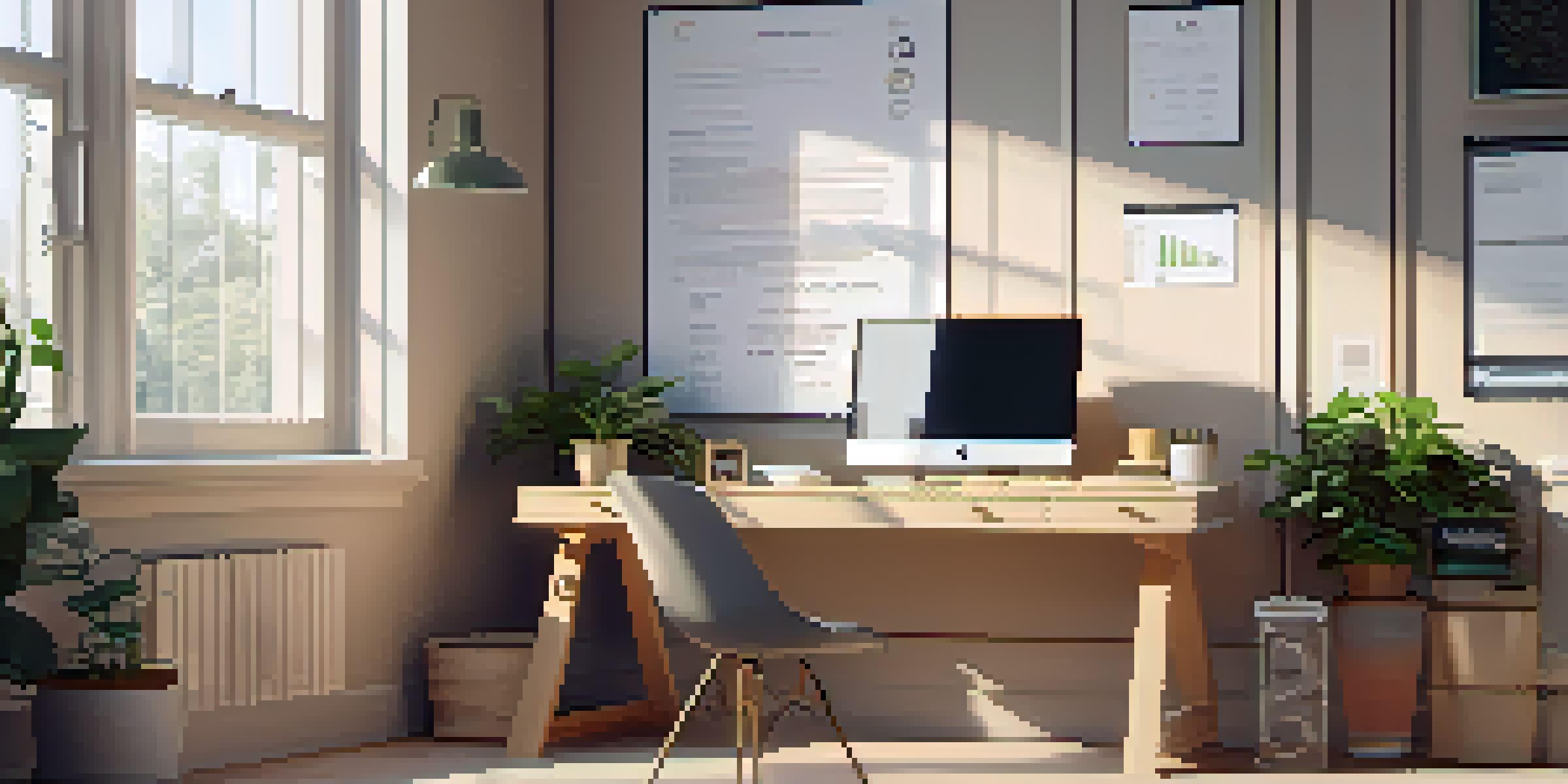 A modern office with a desk, computer showing a data privacy policy, and a potted plant, illuminated by natural light.