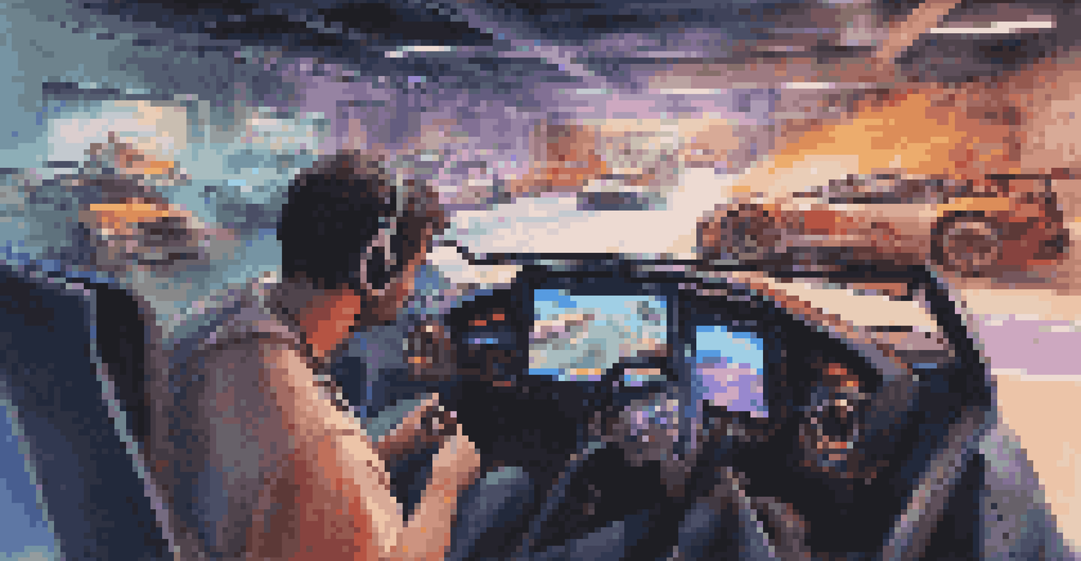 A player focused on a racing game, with a screen showing car physics and a dimly lit room with colorful LED lights.