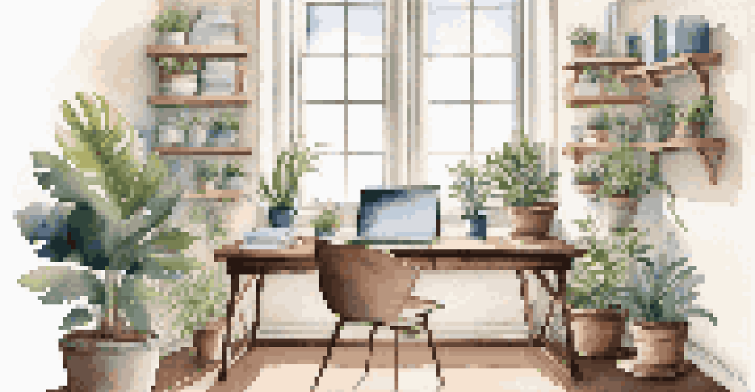 A stylish workspace with a wooden desk, laptop, notebooks, coffee cup, and indoor plants, illuminated by natural light from a large window.