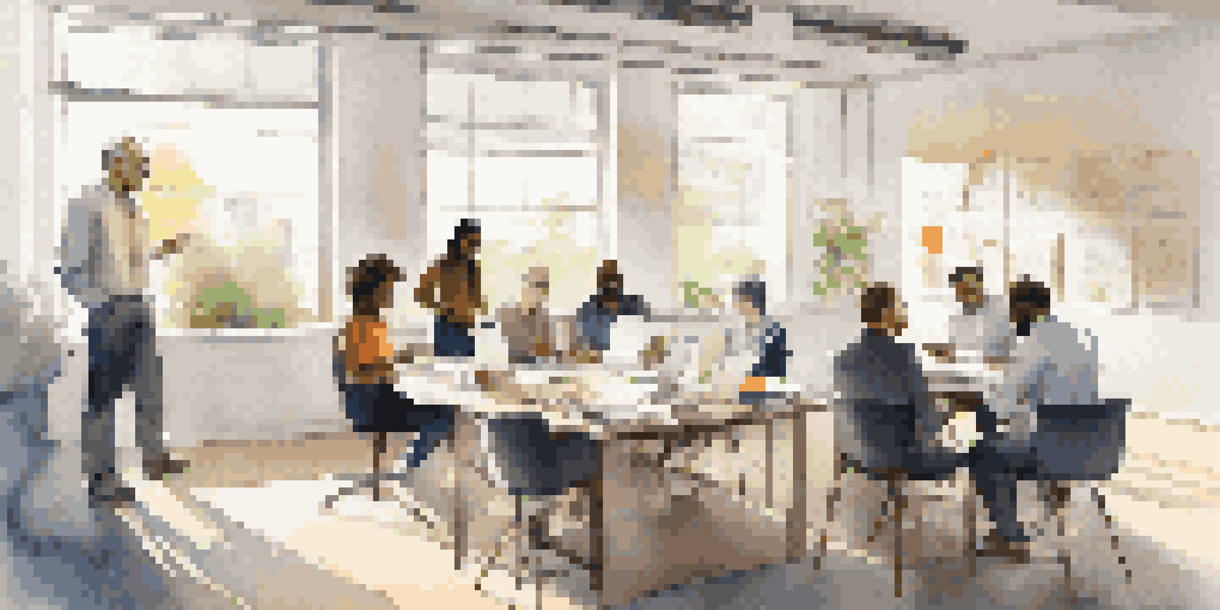 A diverse team working together in a bright office, engaged in collaboration with laptops and documents around them.