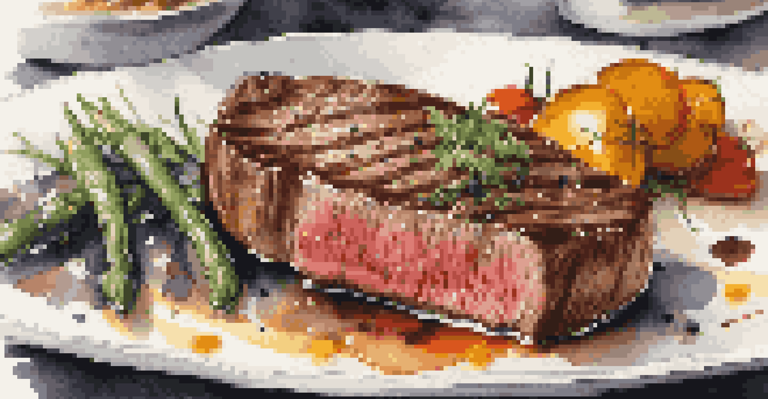 A gourmet plate of seared steak with herbs and roasted vegetables, showcasing fine dining.