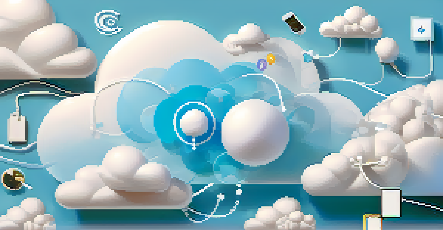 An abstract image depicting floating cloud icons representing different SaaS applications against a blue sky with clouds.