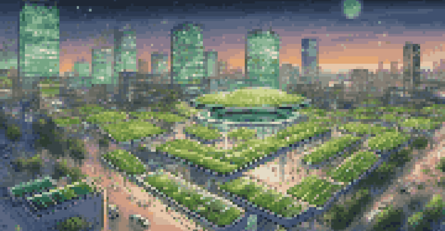Aerial view of a smart city with green roofs, electric vehicles, and digital environmental data overlays.