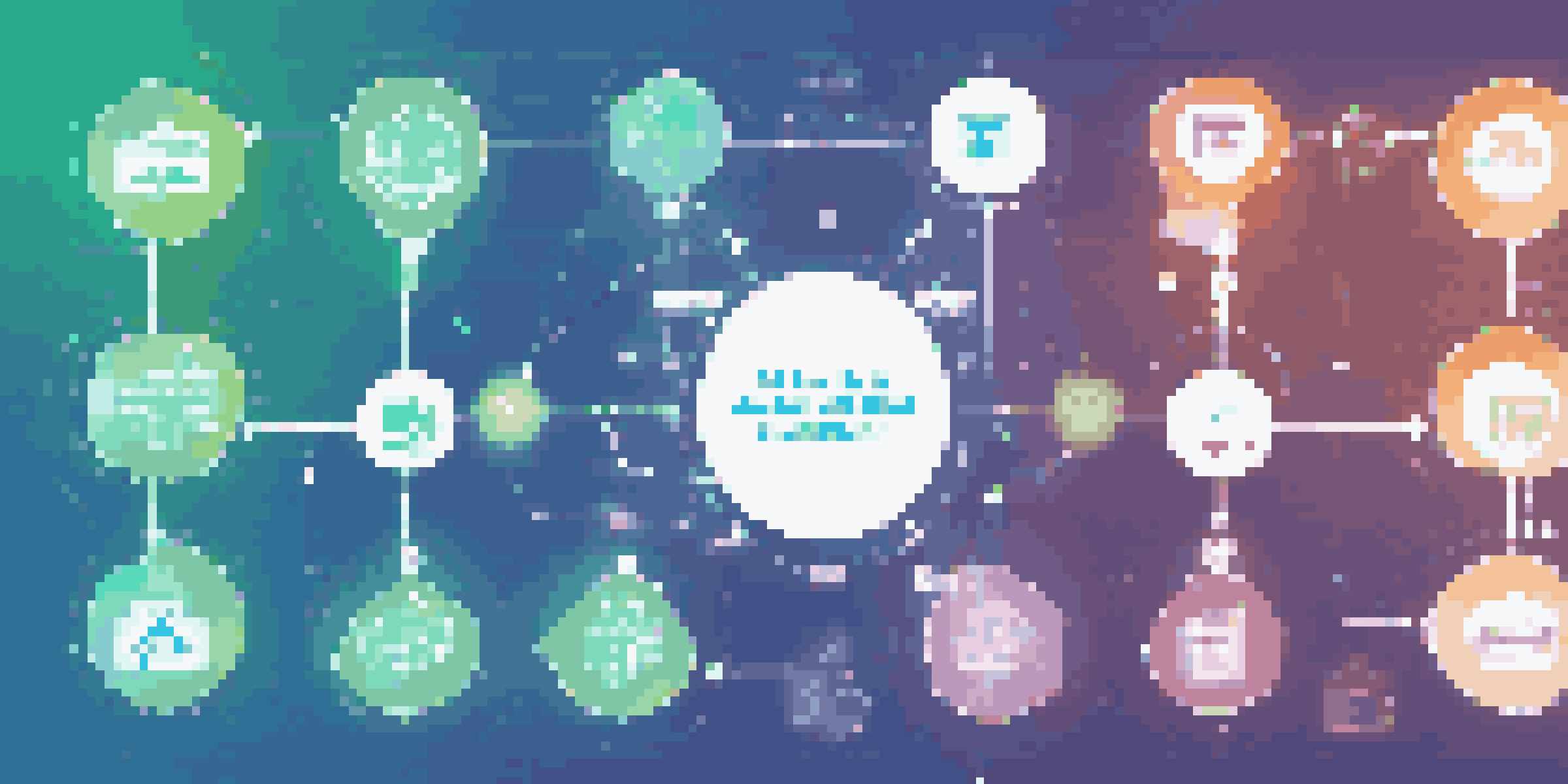 A diagram showing a supply chain network with blockchain and AI elements, arrows indicating product flow, on a blue and green gradient background.