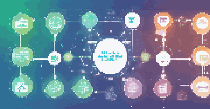 A diagram showing a supply chain network with blockchain and AI elements, arrows indicating product flow, on a blue and green gradient background.