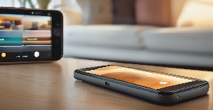A smartphone with a fingerprint scanner being used in a cozy living room setting.