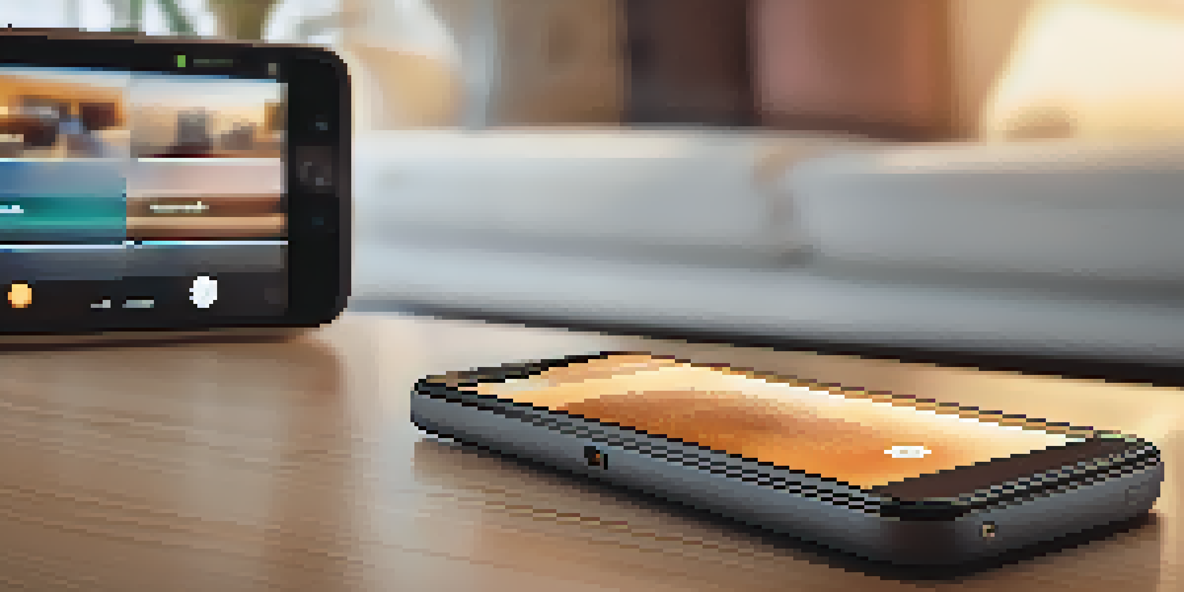 A smartphone with a fingerprint scanner being used in a cozy living room setting.