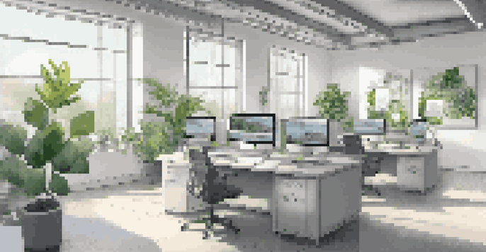 A well-organized office workspace with dual monitors showcasing creative software and a digital asset library, illuminated by natural light.