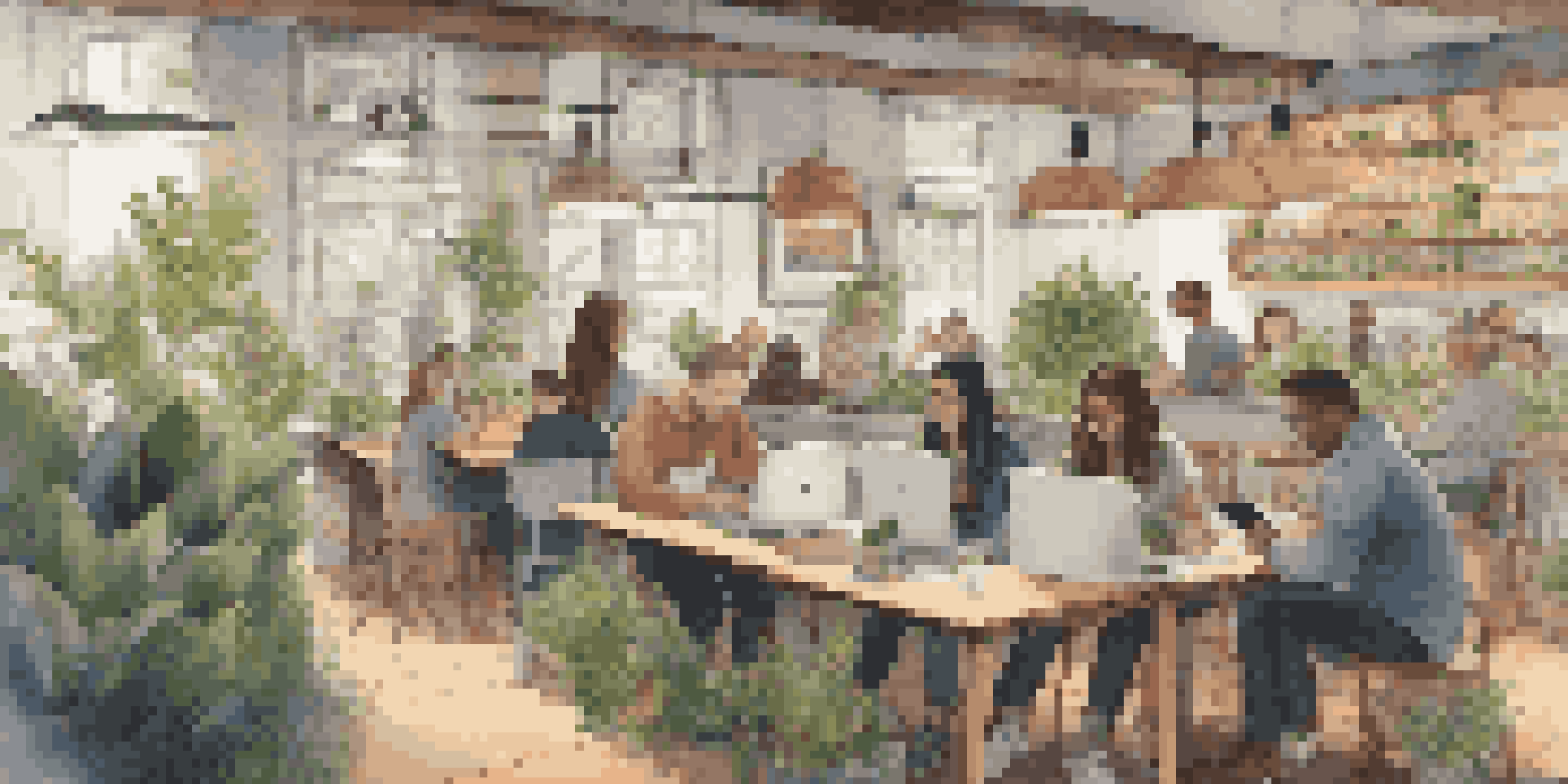 A busy café filled with people working on laptops, collaborating and sharing ideas in a warm and inviting atmosphere.