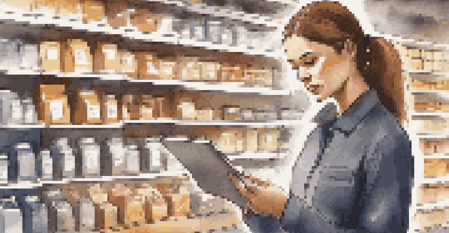 A retail employee closely examining customer data on a tablet in a well-stocked store.