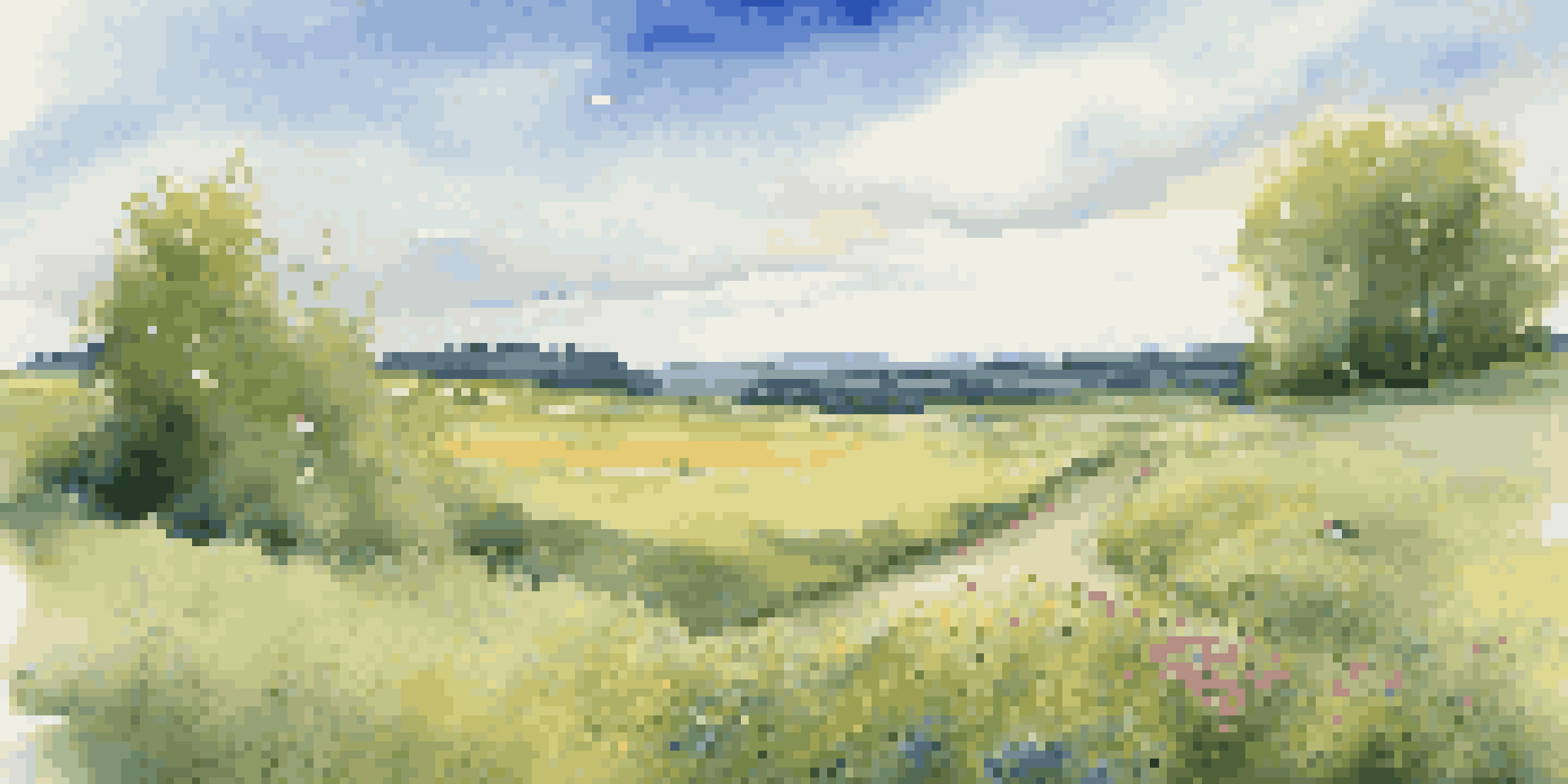 A peaceful landscape with a green field, blue sky, and a wooden signpost indicating directions to 'Data Analysis' and 'Predictive Modeling'.