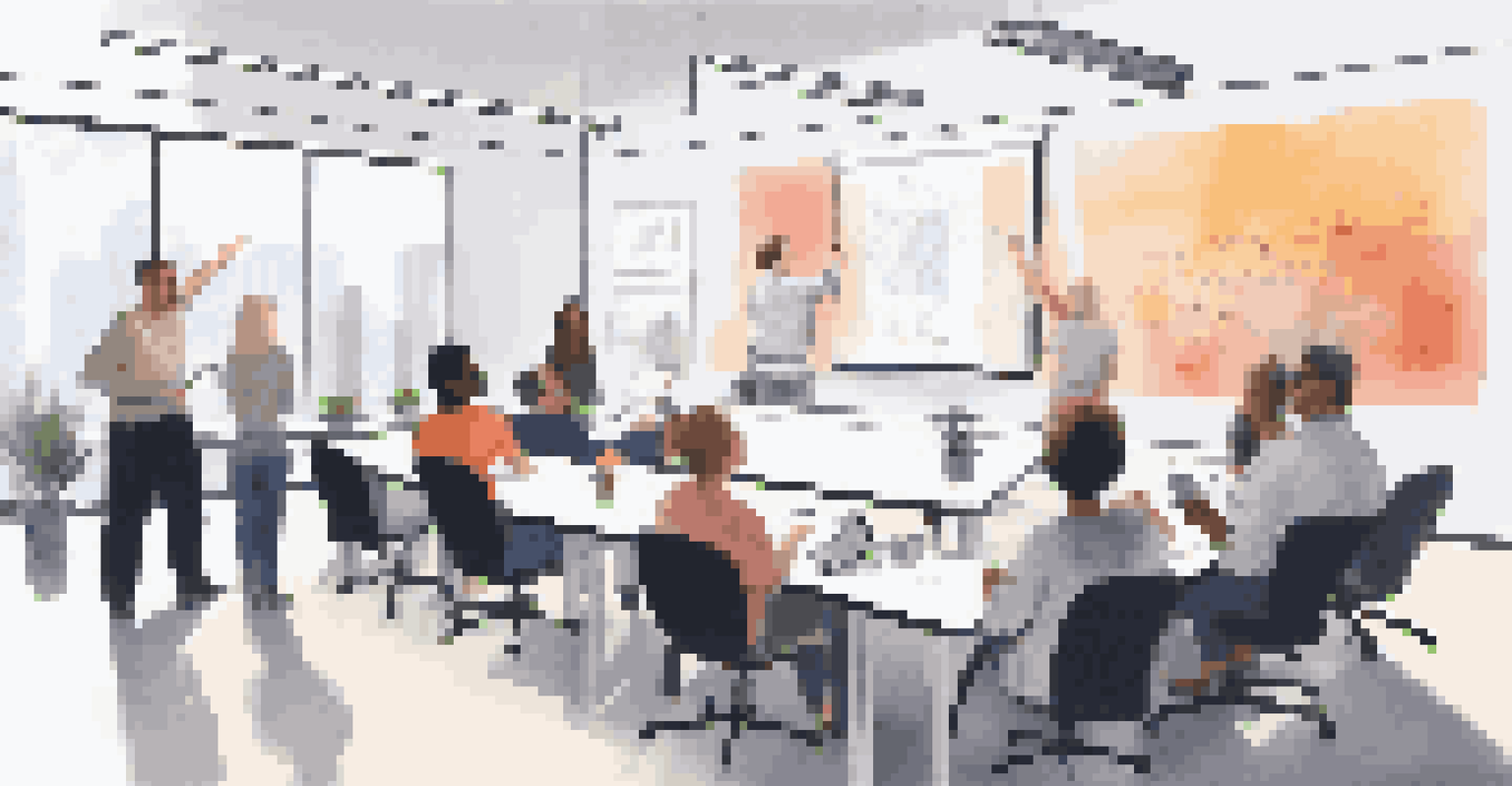 A training session in an office where a trainer is demonstrating a digital asset management system to engaged attendees.