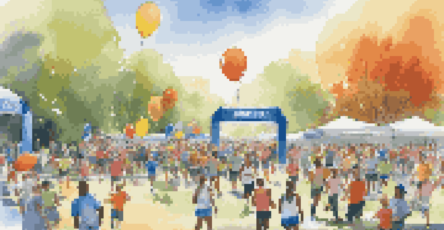 A lively charity run in a park with diverse participants and volunteers, surrounded by colorful decorations.