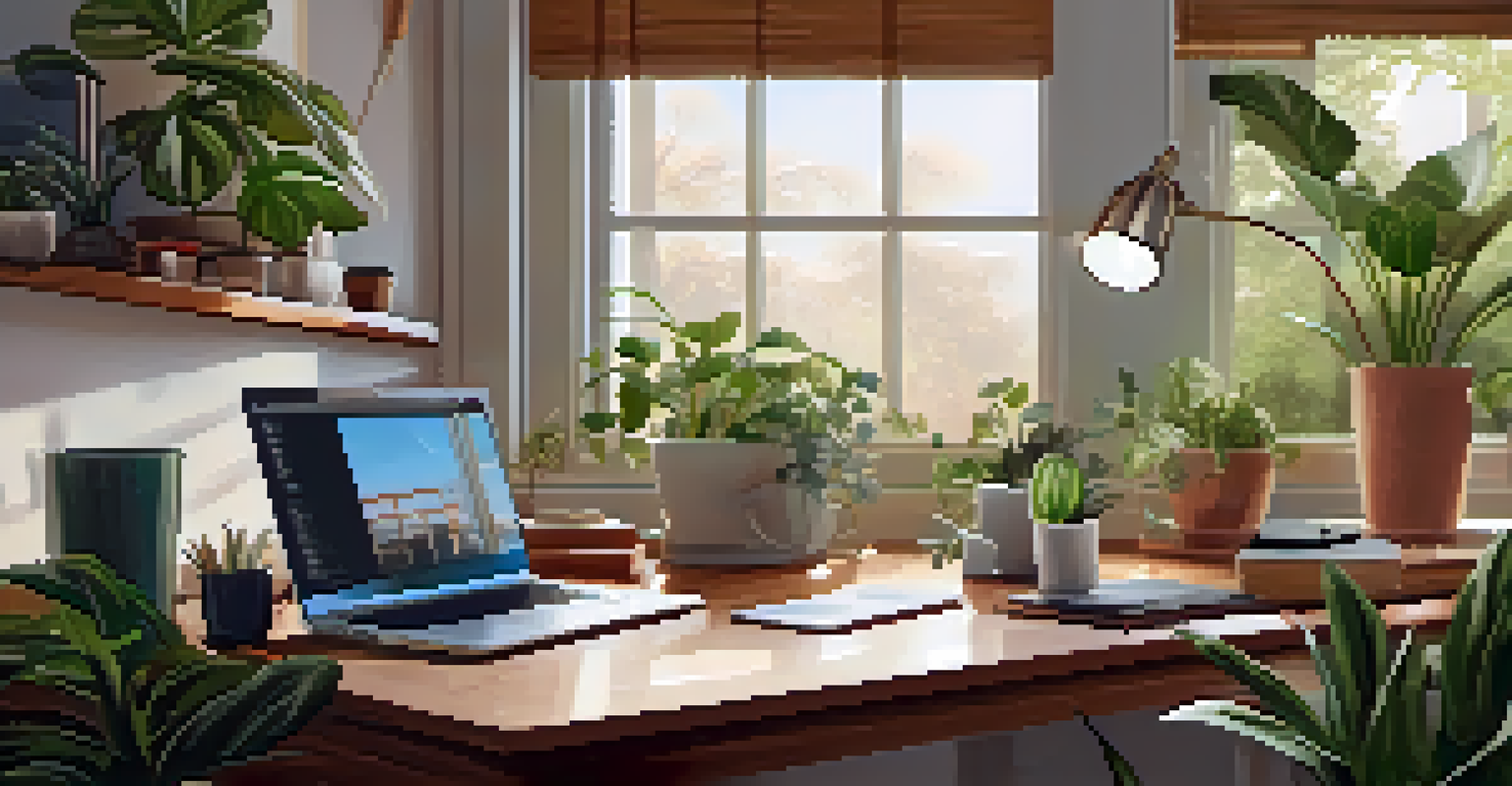 A cozy home office with a professional working on a laptop displaying data analytics, surrounded by plants and personal items.