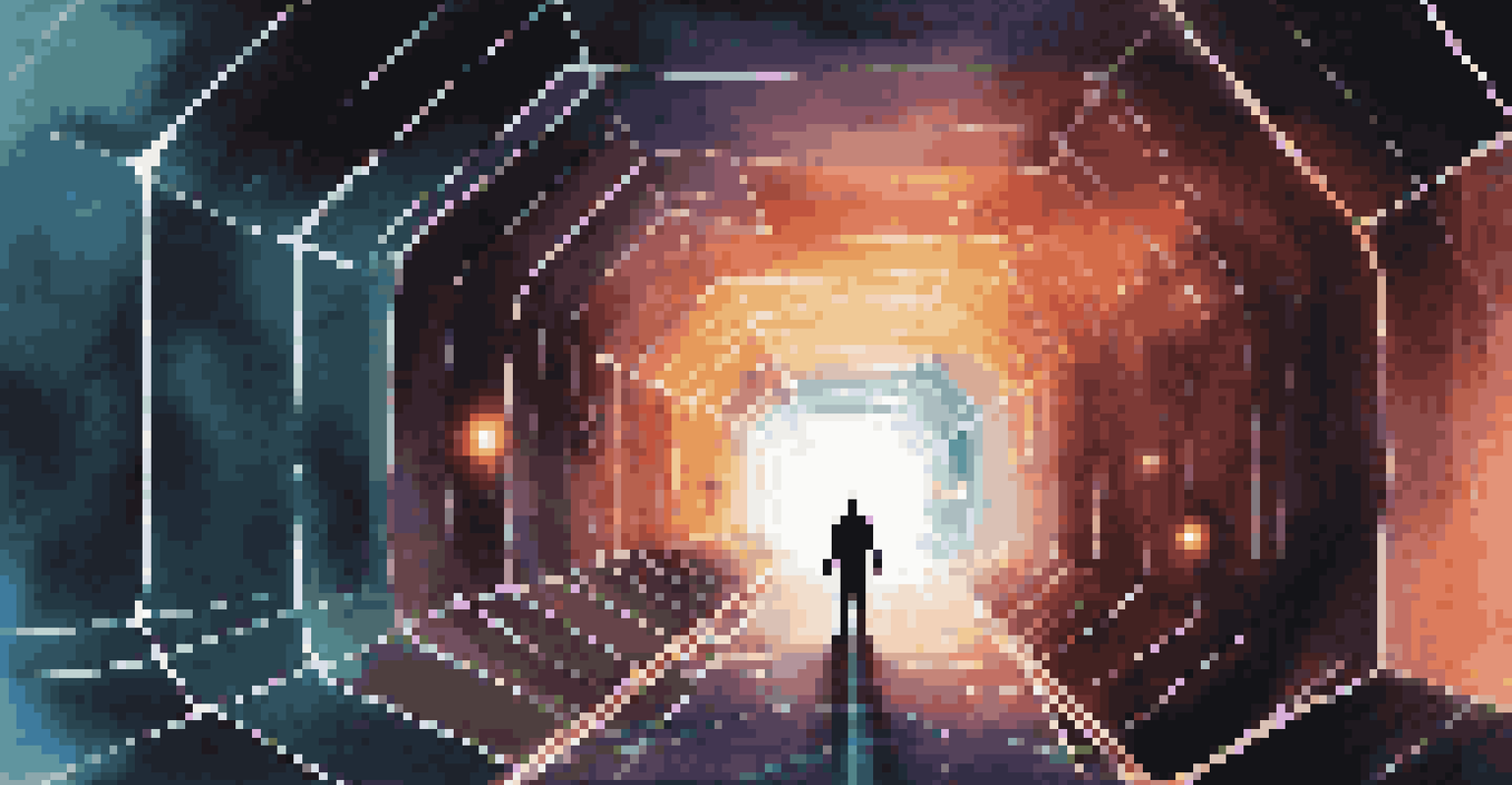 An illustration of a VPN tunnel connecting two devices, surrounded by dark shadows and glowing light beams representing encrypted data.