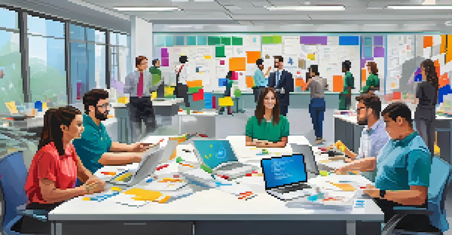 An office training session where employees participate in role-playing about social engineering, with a whiteboard and props in a brightly lit room.