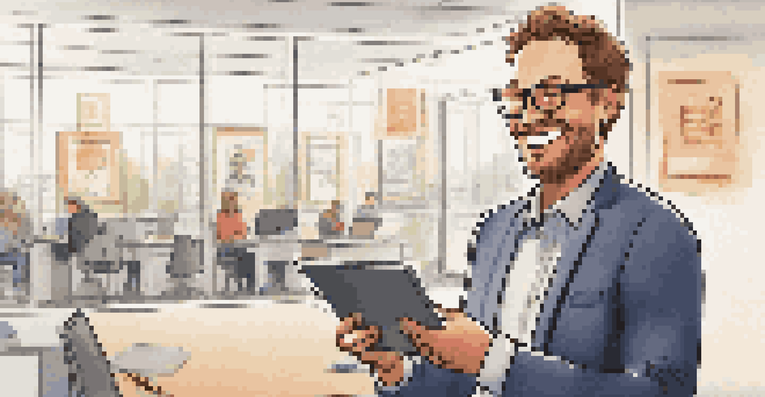 A teacher happily receiving a digital badge on a tablet in a modern office setting, showcasing a sense of accomplishment.