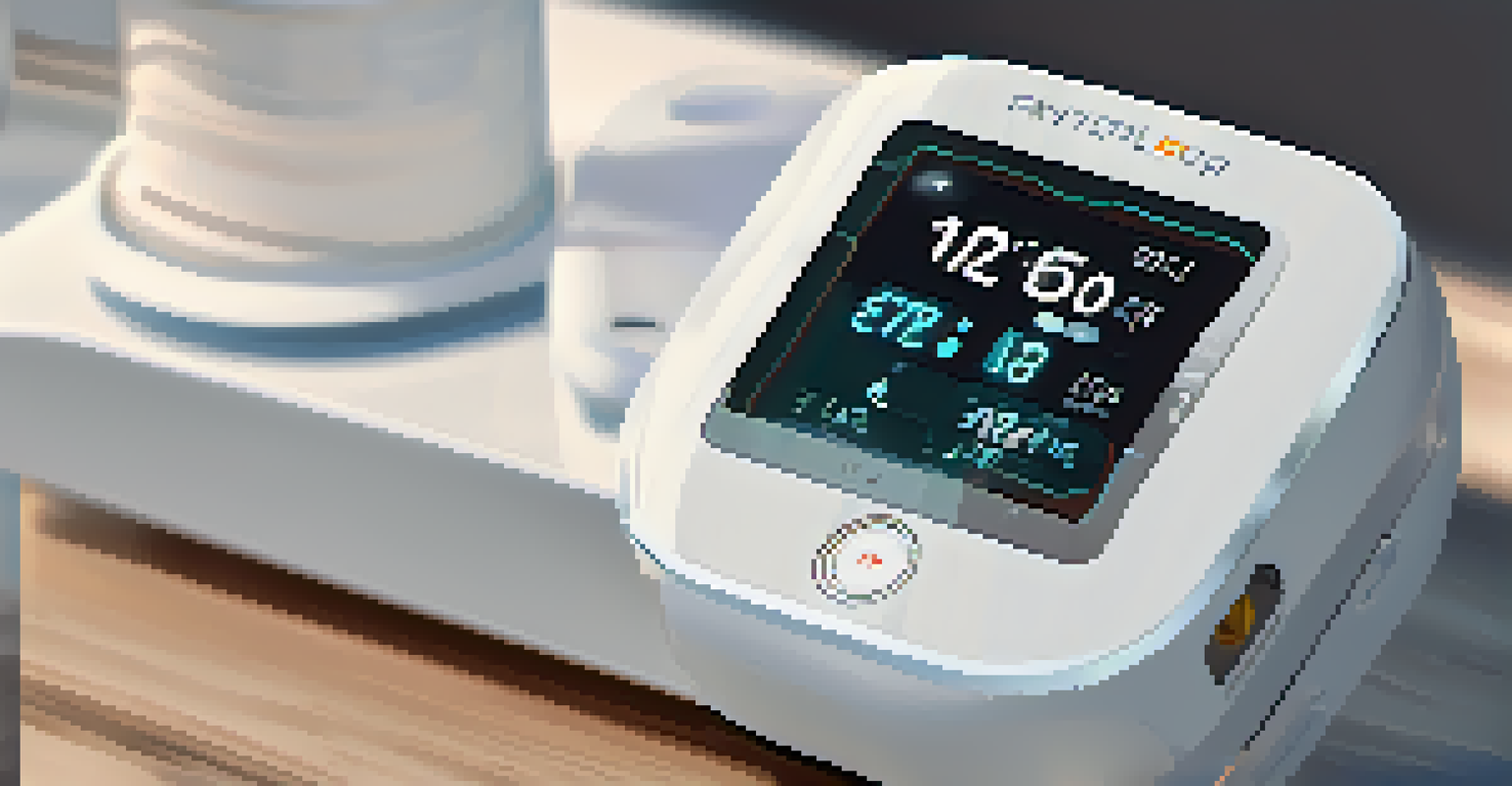 A close-up view of a wearable health monitor showing real-time health metrics on its screen, with a clean and clinical background.
