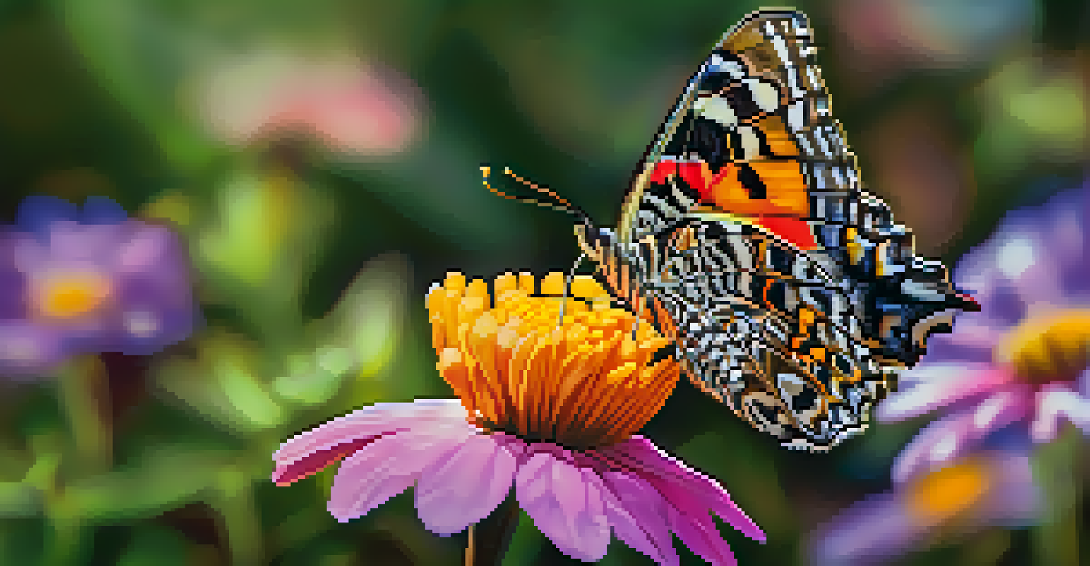 A close-up of a butterfly on a flower, highlighting vibrant colors and dew-kissed petals.