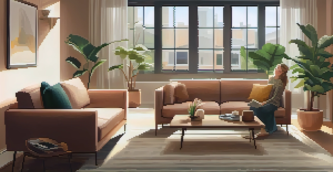 A modern living room with an AI-powered personal assistant on a coffee table, warm lighting, and a person interacting with the device.