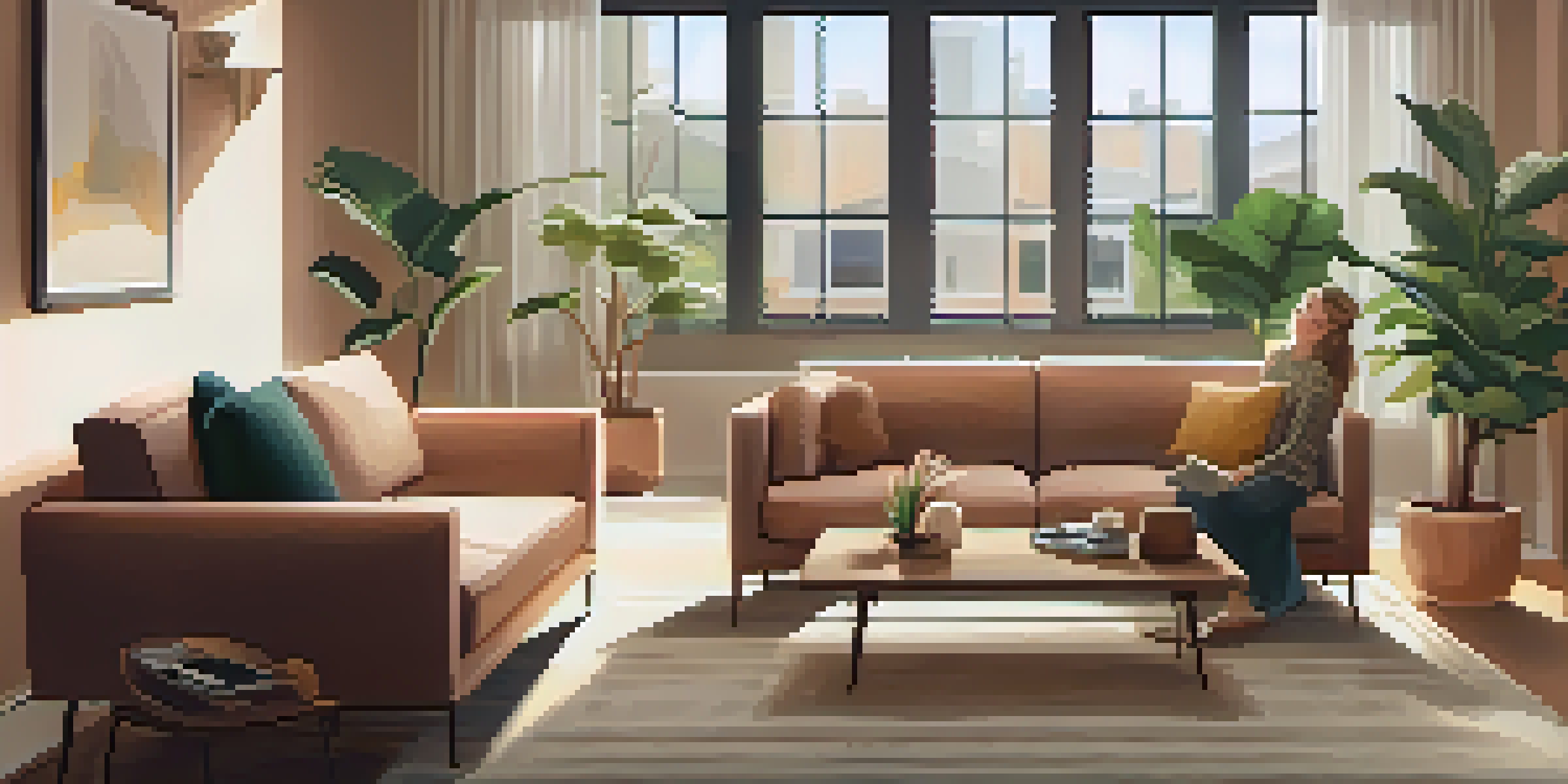 A modern living room with an AI-powered personal assistant on a coffee table, warm lighting, and a person interacting with the device.