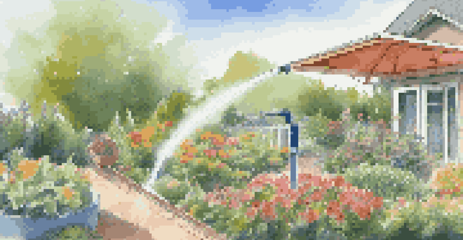 An outdoor garden being watered by a smart irrigation system on a sunny day.