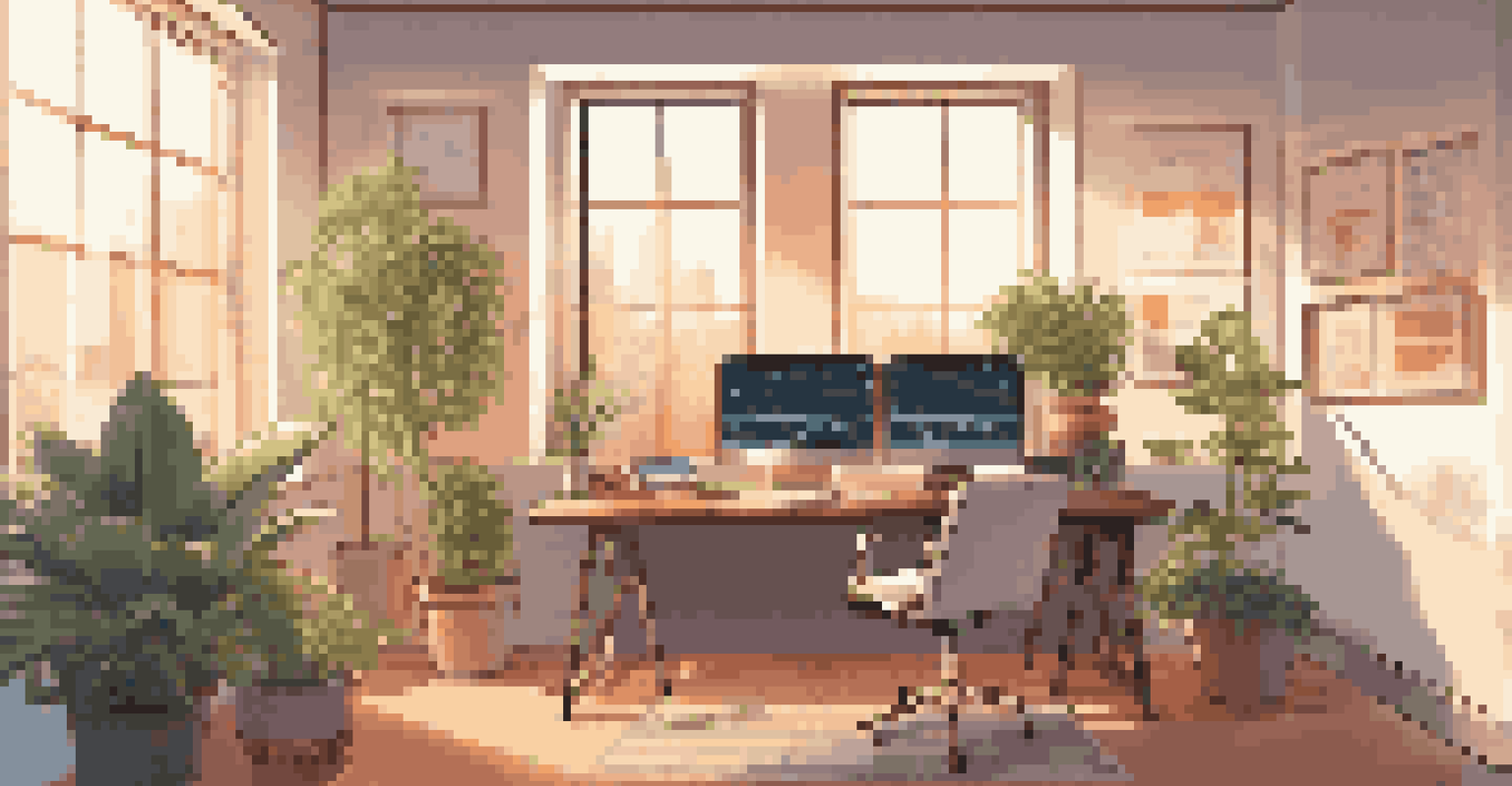 A contemporary office with dual monitors, a desk, and houseplants, bathed in sunlight.