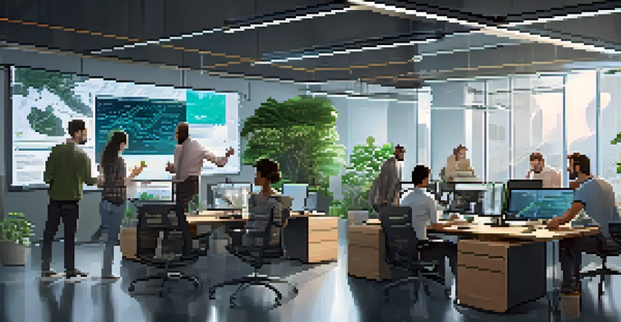 A diverse group of software developers working together in a modern office, discussing security protocols with digital screens in the background.