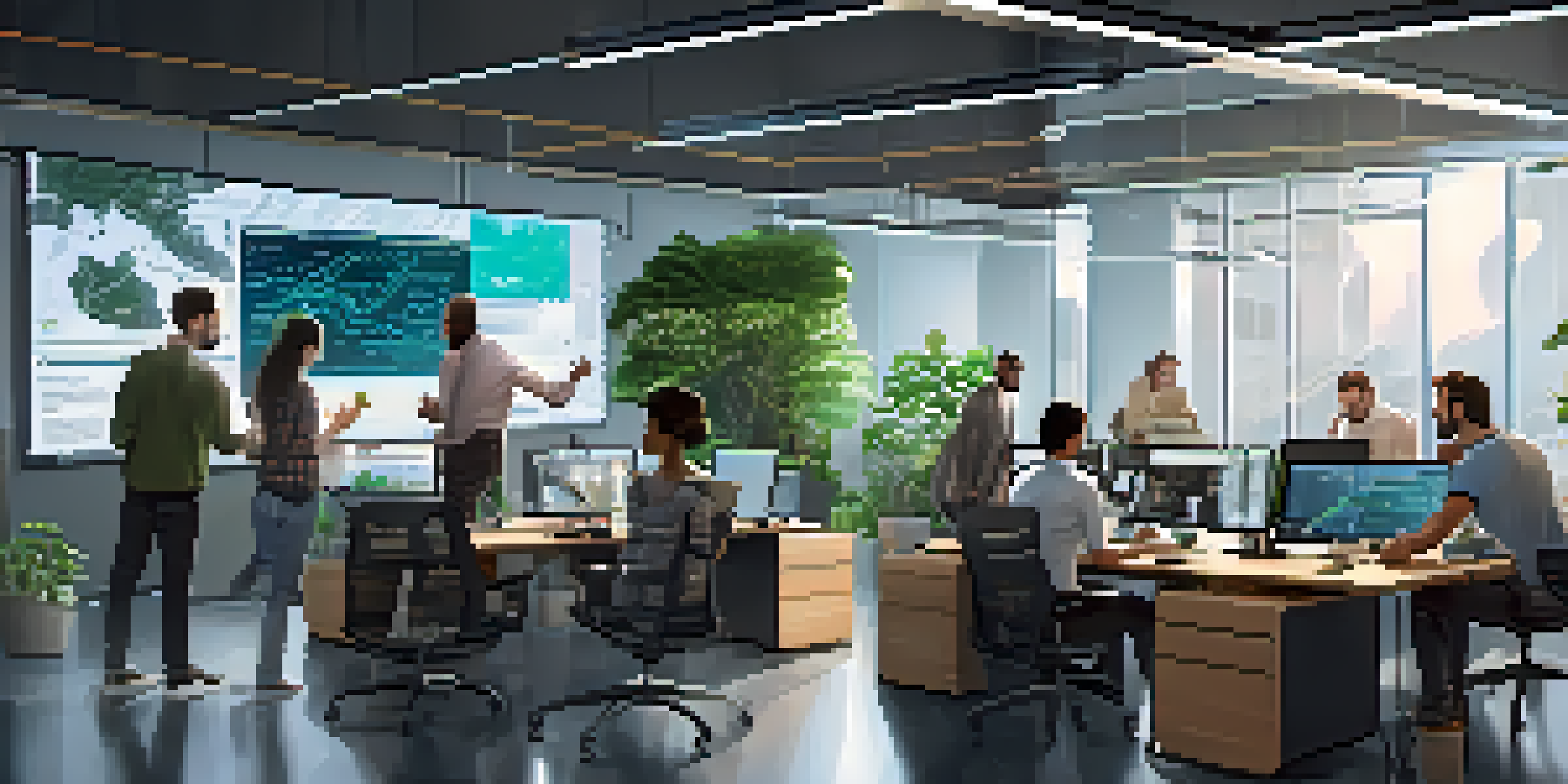 A diverse group of software developers working together in a modern office, discussing security protocols with digital screens in the background.