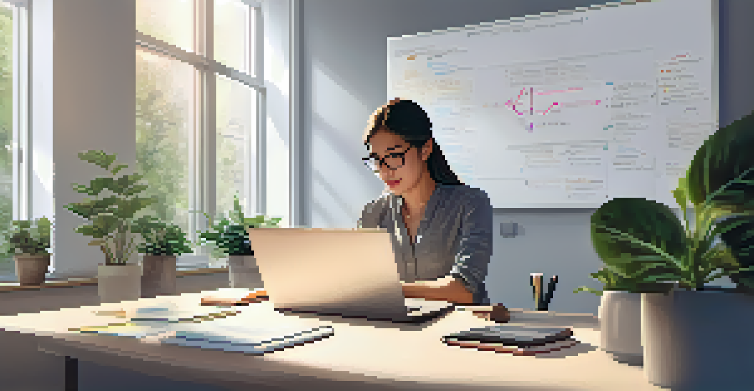A focused individual working at a desk in a serene workspace with a whiteboard displaying goals.