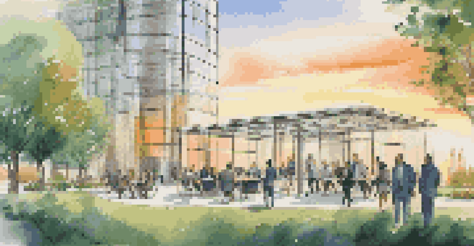 A sunset view of a financial building with professionals discussing outside, showcasing modern architecture and collaboration.