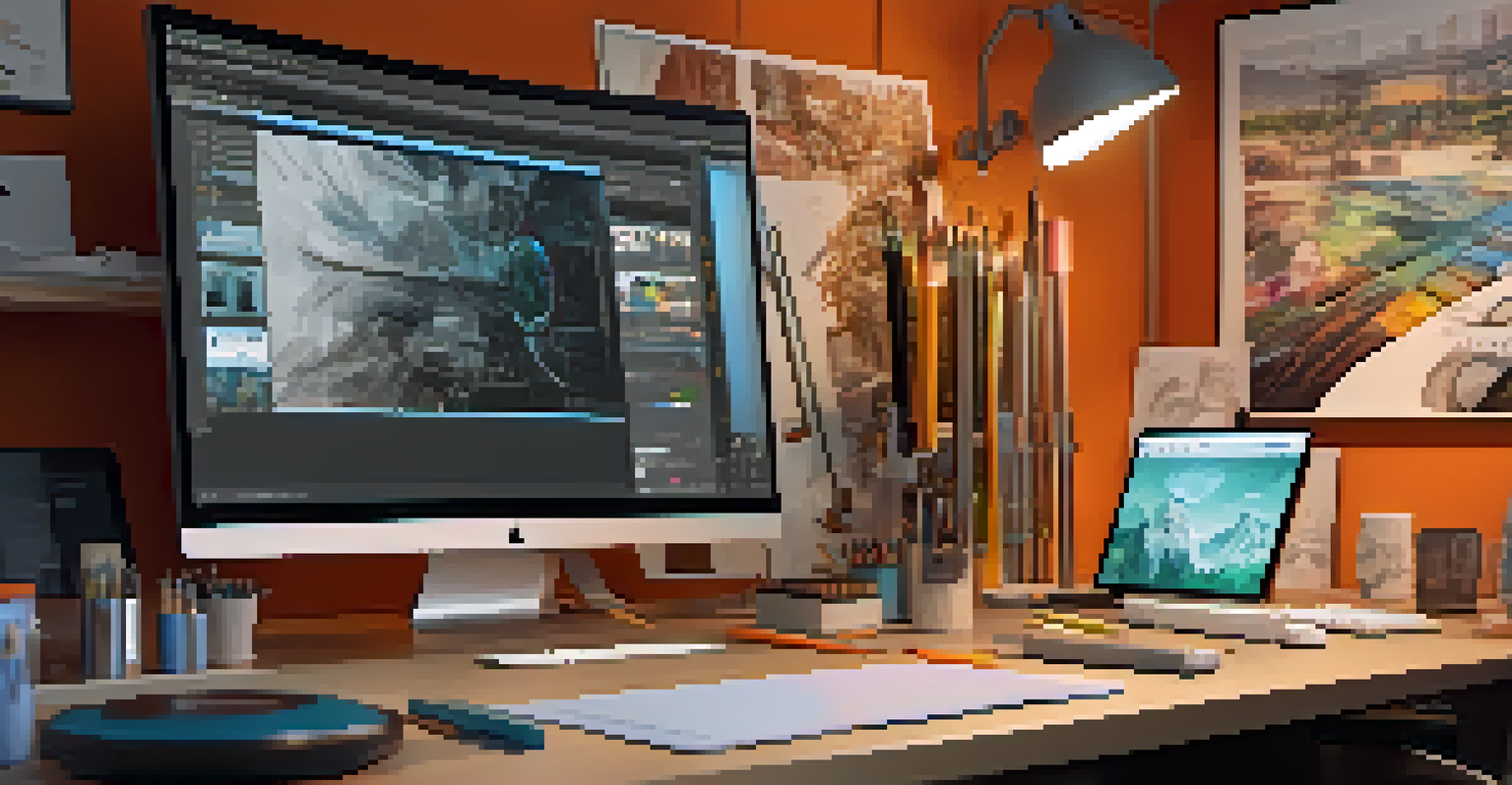 A digital artist's workspace with a monitor showing a digital twin of a product, surrounded by sketches and tools in a warm-lit room.