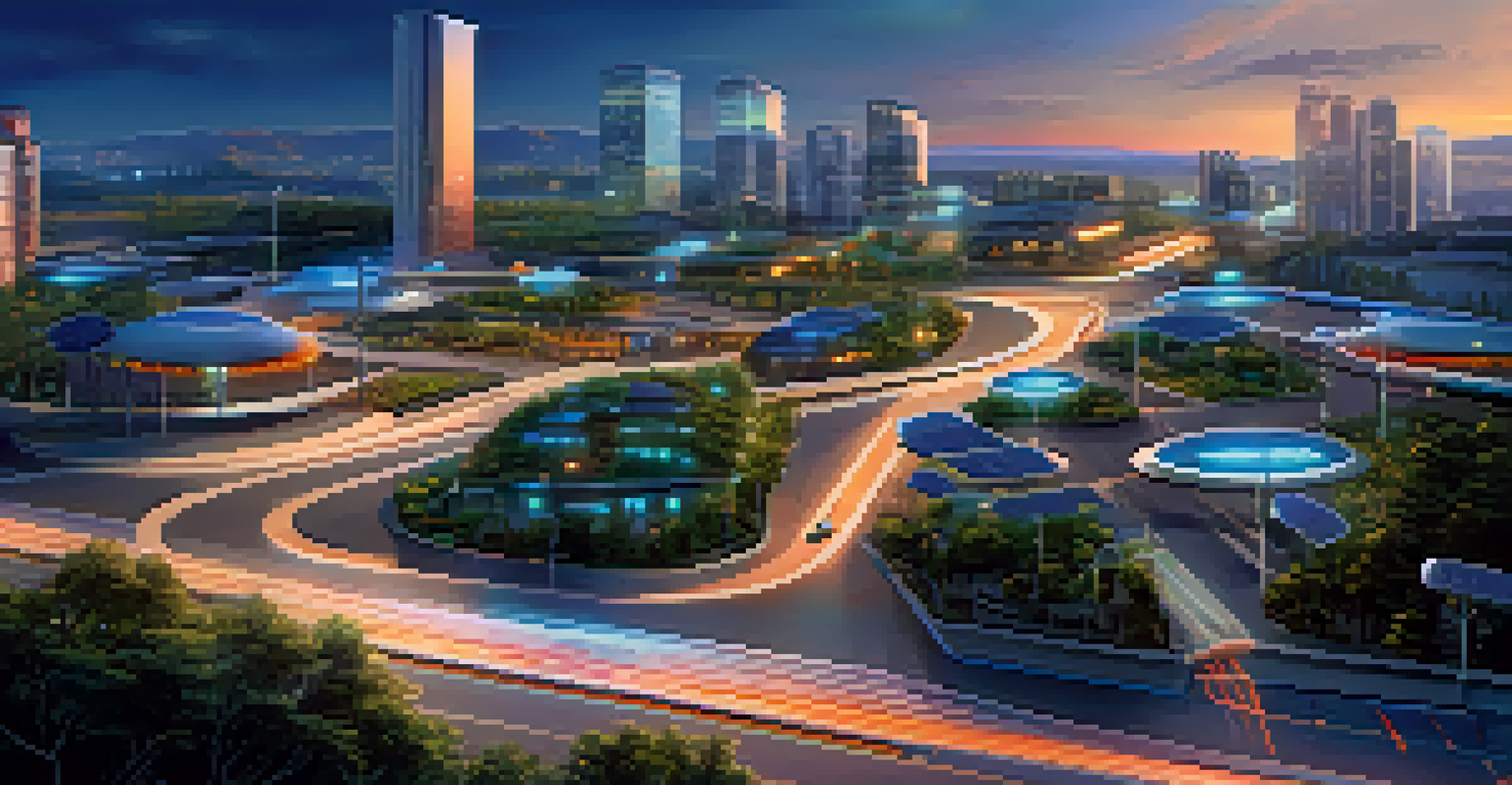 A vibrant city skyline at sunset, featuring autonomous vehicles and buildings with greenery and solar panels.