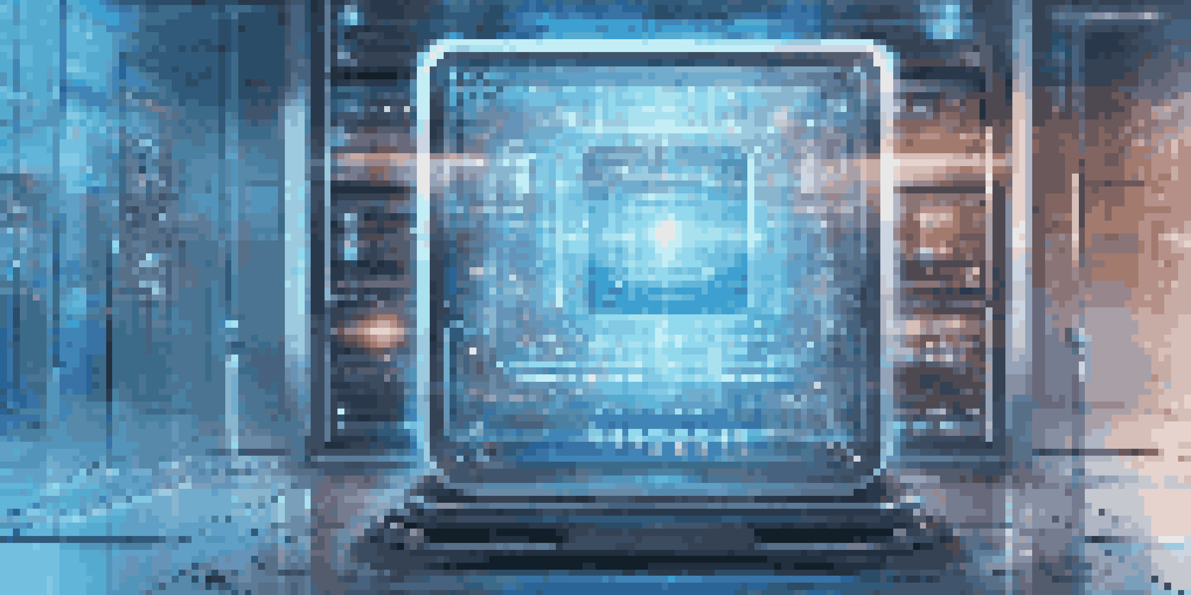 A futuristic quantum encryption device with blue LED lights and a holographic display in a modern laboratory.