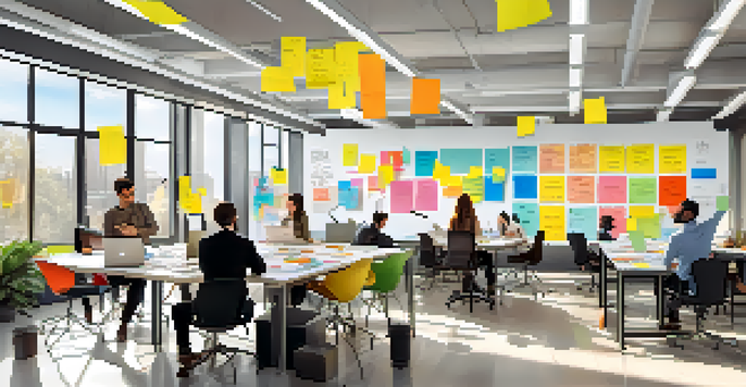 A diverse group of professionals in a bright office space collaborating during a design thinking workshop, surrounded by sticky notes and diagrams.
