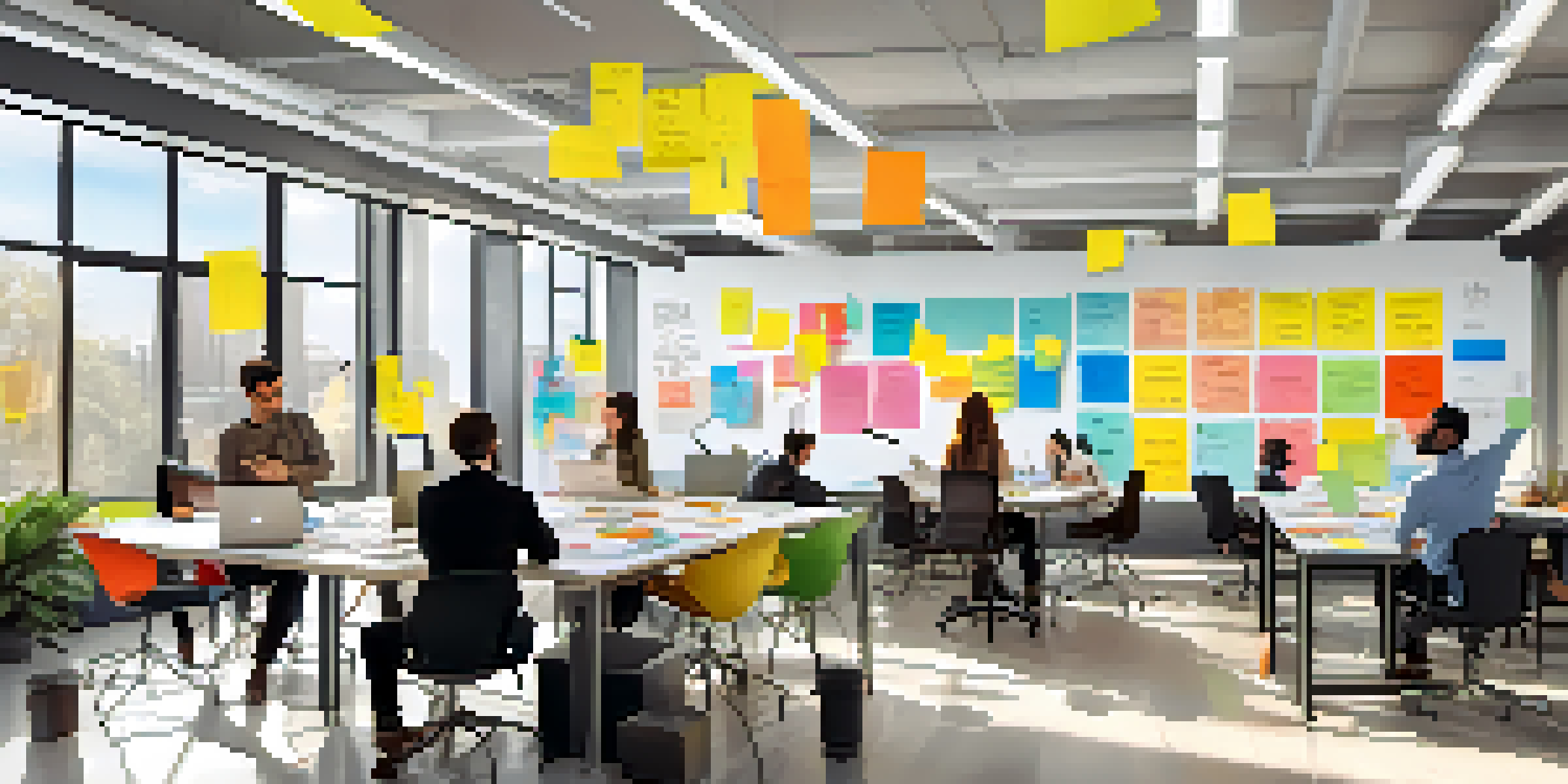 A diverse group of professionals in a bright office space collaborating during a design thinking workshop, surrounded by sticky notes and diagrams.