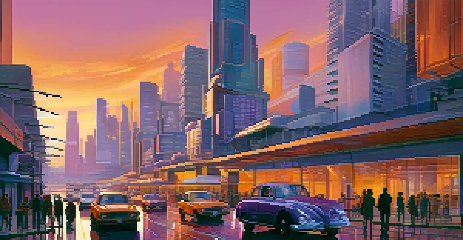 A modern city skyline at sunset with diverse architecture and a bustling street scene.