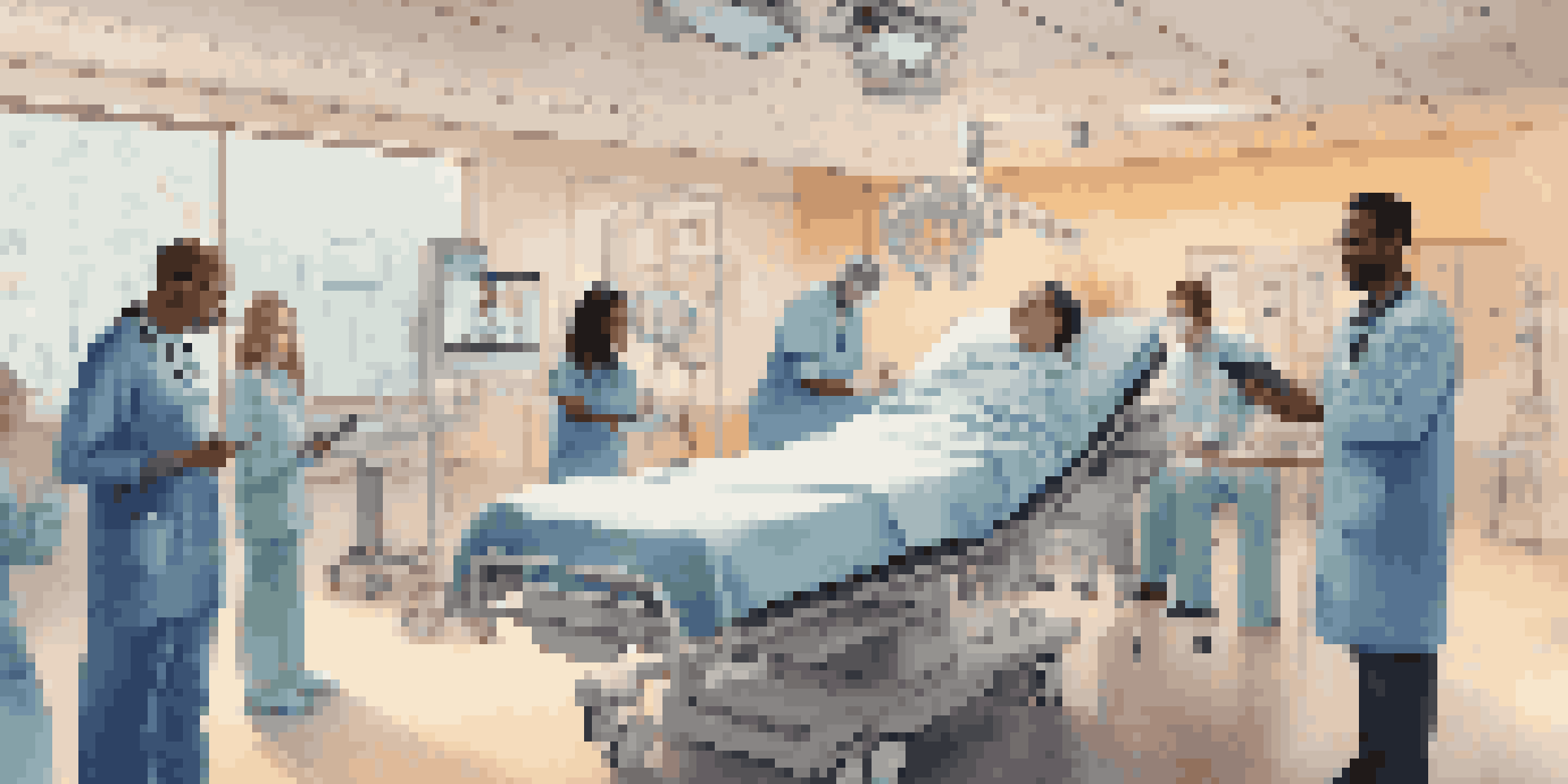 A diverse team of healthcare professionals working together in a hospital environment using a digital tablet, with a focus on patient care and technology.